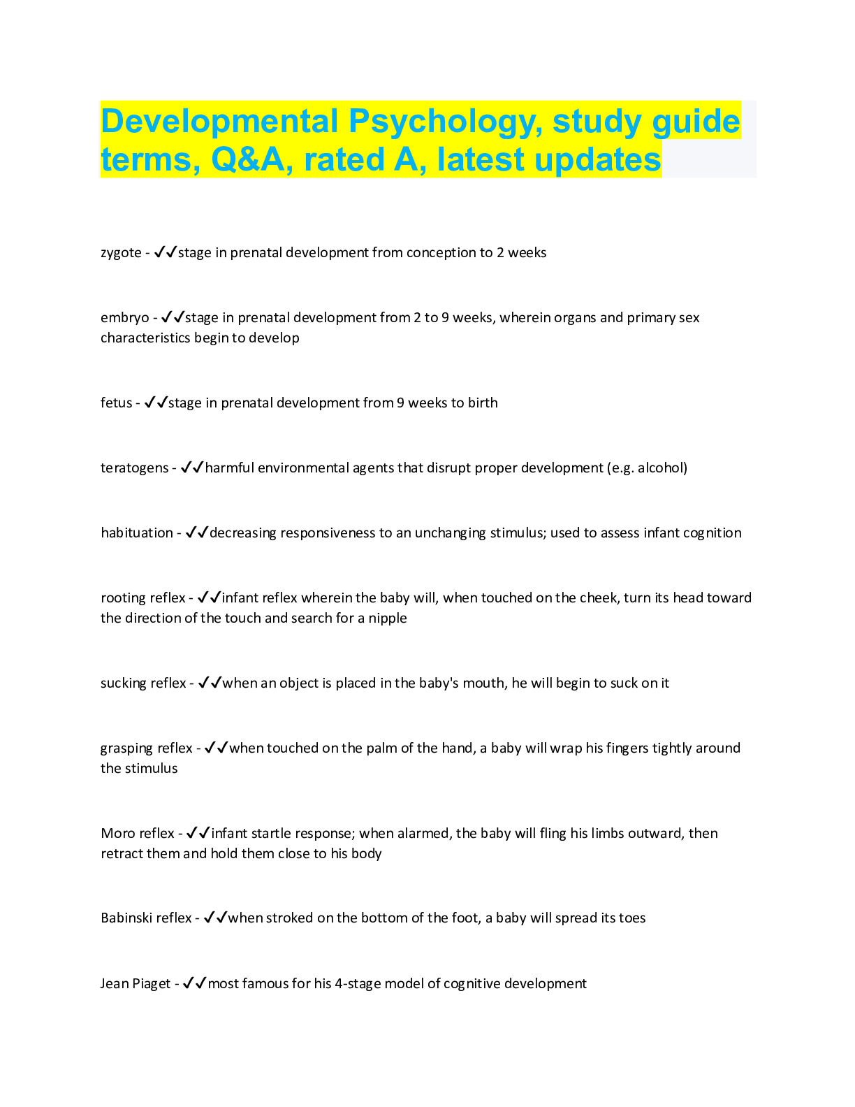 Preview image for Developmental Psychology, study guide terms, Q&A, rated A, latest updates